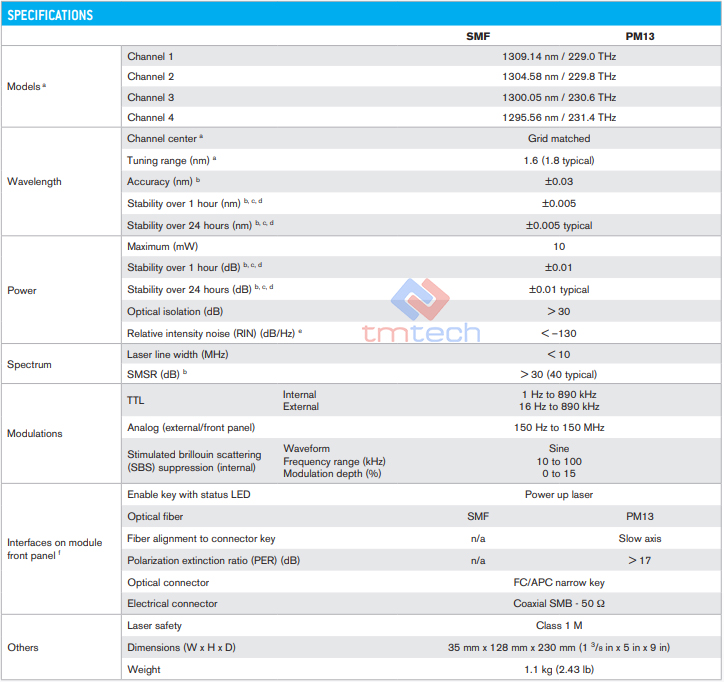 Thông số kỹ thuật EXFO OSICS DFB LANWDM